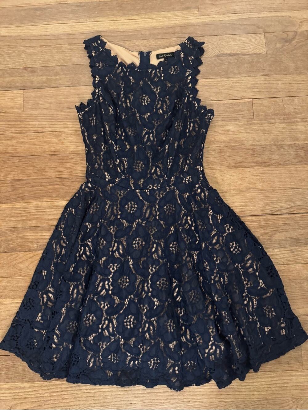 Jodi Kristopher Women's Navy Blue Floral Lace Mini Fit & Flare Dress - Sz 1
b66